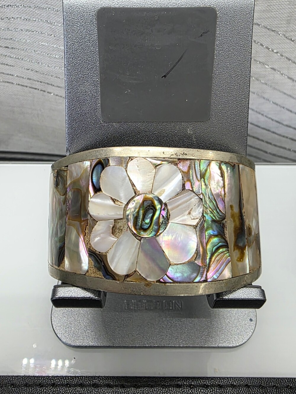Vintage Alpaca Silver Wide Cuff Bracelet Green Pink Flower Mexico Abalone Inlay
